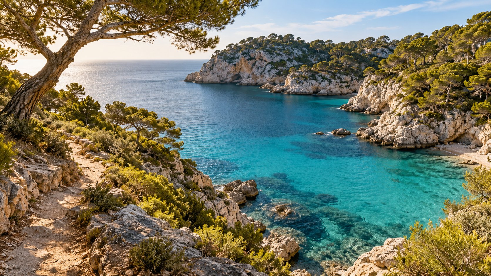 Gegenereerd sfeerbeeld van een groene mediterrane kust en een rustige baai